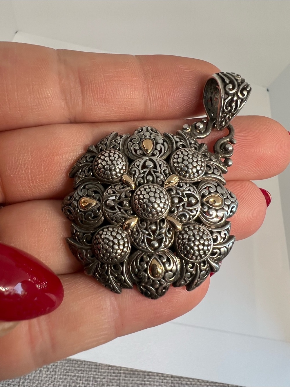 SARDA Ornate Sterling Silver and 18K Gold Accent Floral Pendant